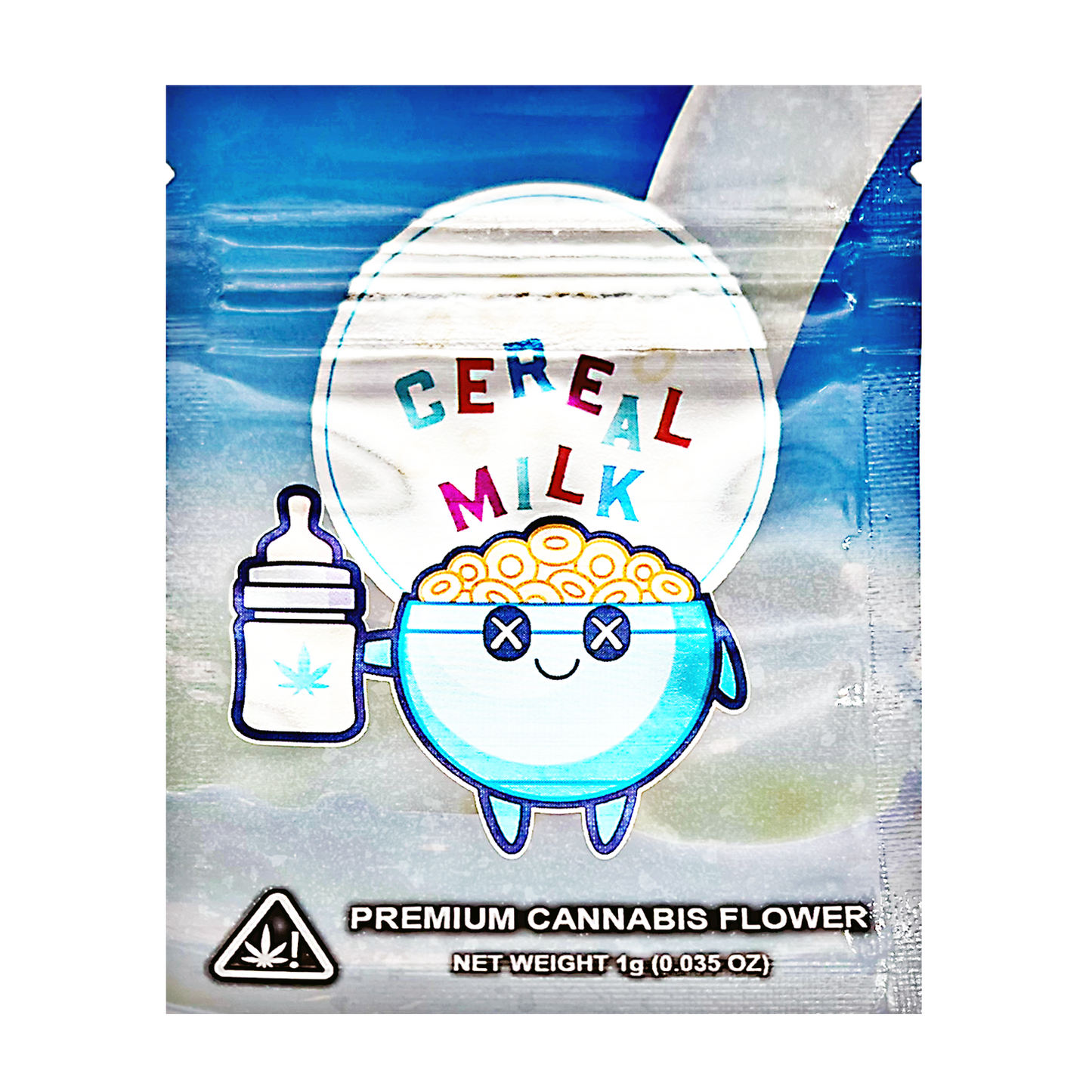 Mylar Bag Cannabis product packaging with cartoon character and text 'Cereal Milk' on a blue and white background.