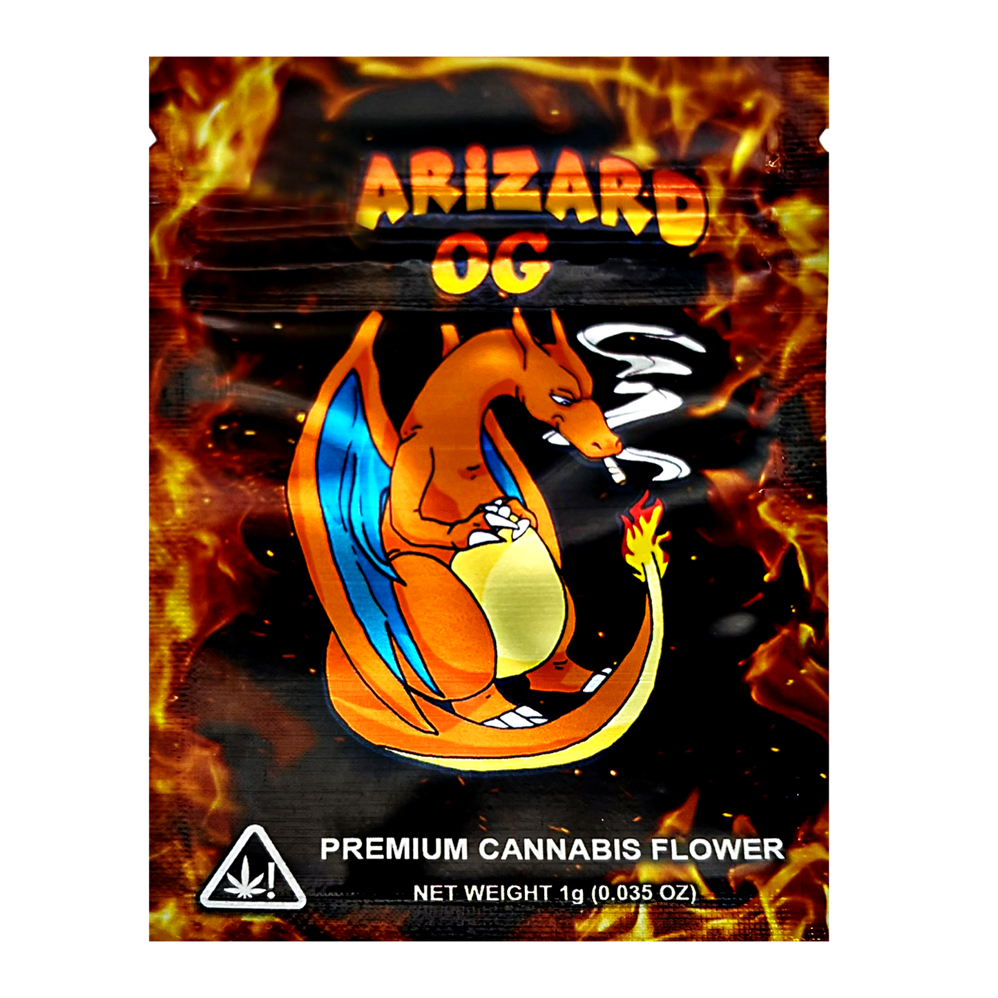 Mylar Bag Cannabis packaging with a dragon design and 'Arizard OG' branding.