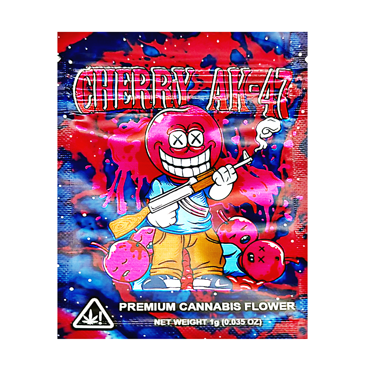 Mylar Bag Colorful packaging of 'Cherry AK-47' premium cannabis flower with cartoon character design.