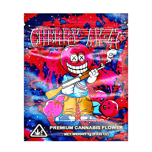 Mylar Bag Colorful packaging of 'Cherry AK-47' premium cannabis flower with cartoon character design.