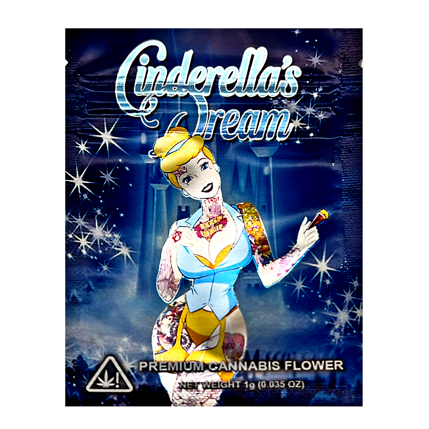 Mylar Bag Cinderella-themed cannabis packaging with character design on a dark blue background