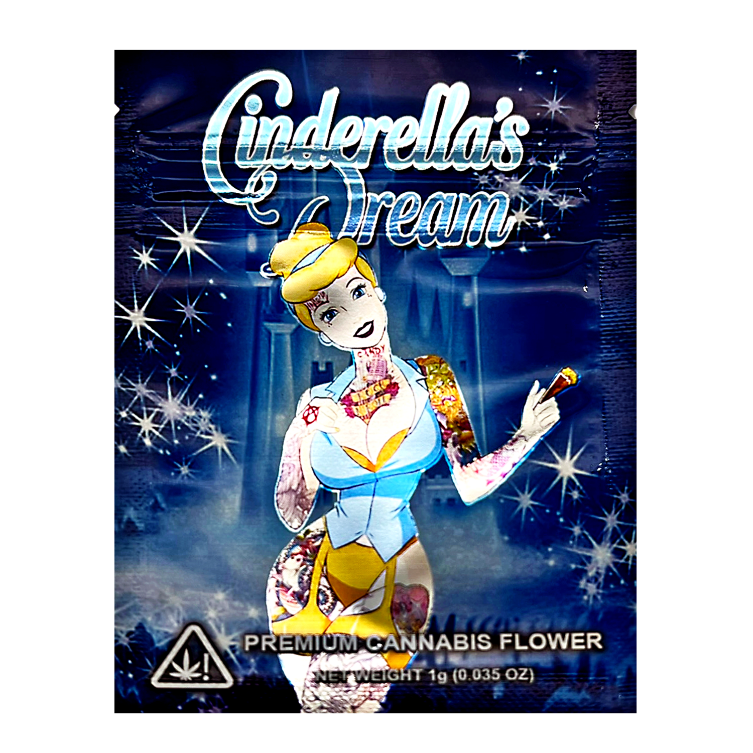 Mylar Bag Cinderella-themed cannabis packaging with character design on a dark blue background