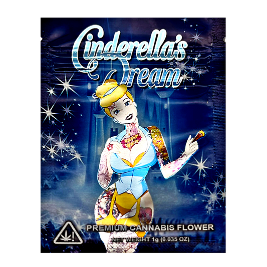 Mylar Bag Cinderella-themed cannabis packaging with character design on a dark blue background