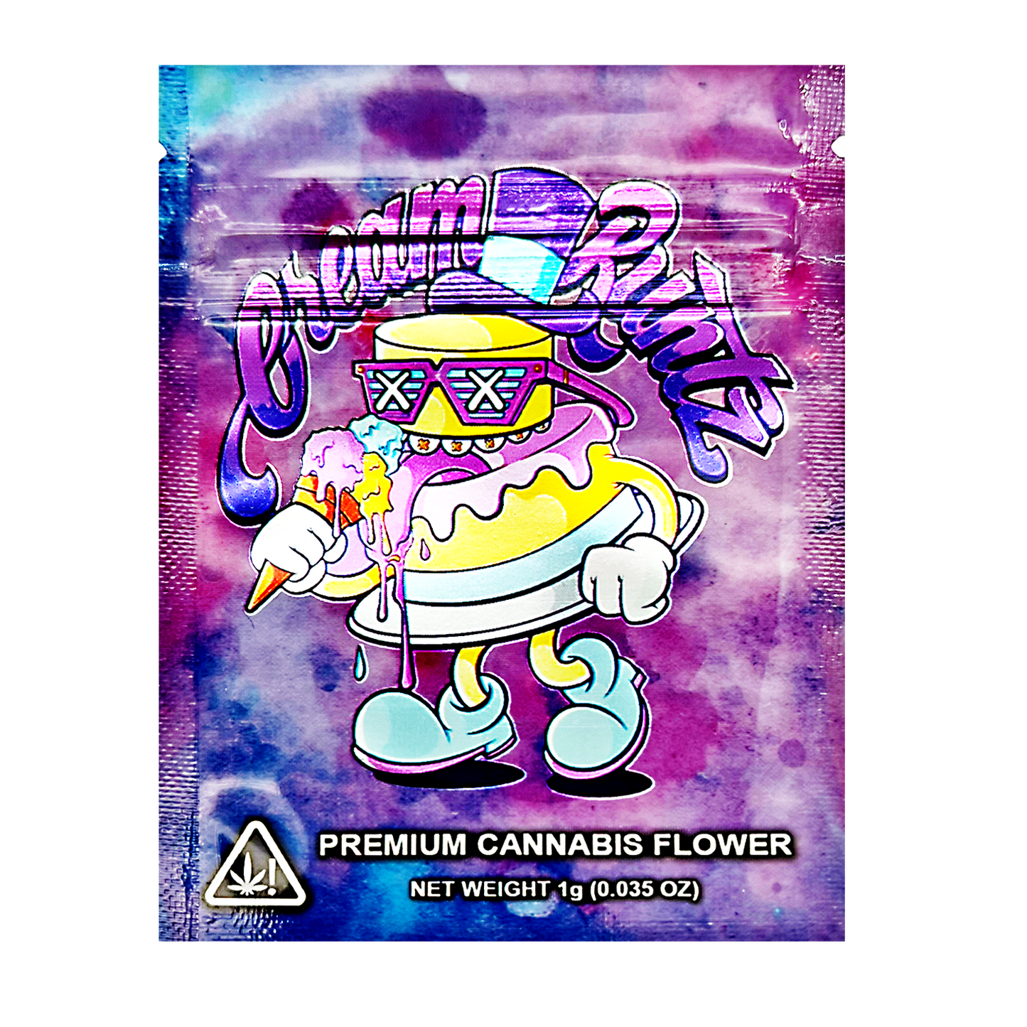 Mylar Bag Cannabis flower packaging with cartoon character on a tie-dye background