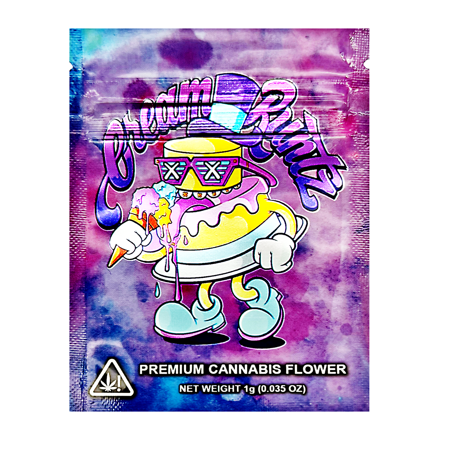 Mylar Bag Cannabis flower packaging with cartoon character on a tie-dye background