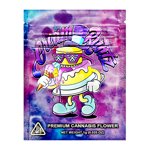 Mylar Bag Cannabis flower packaging with cartoon character on a tie-dye background