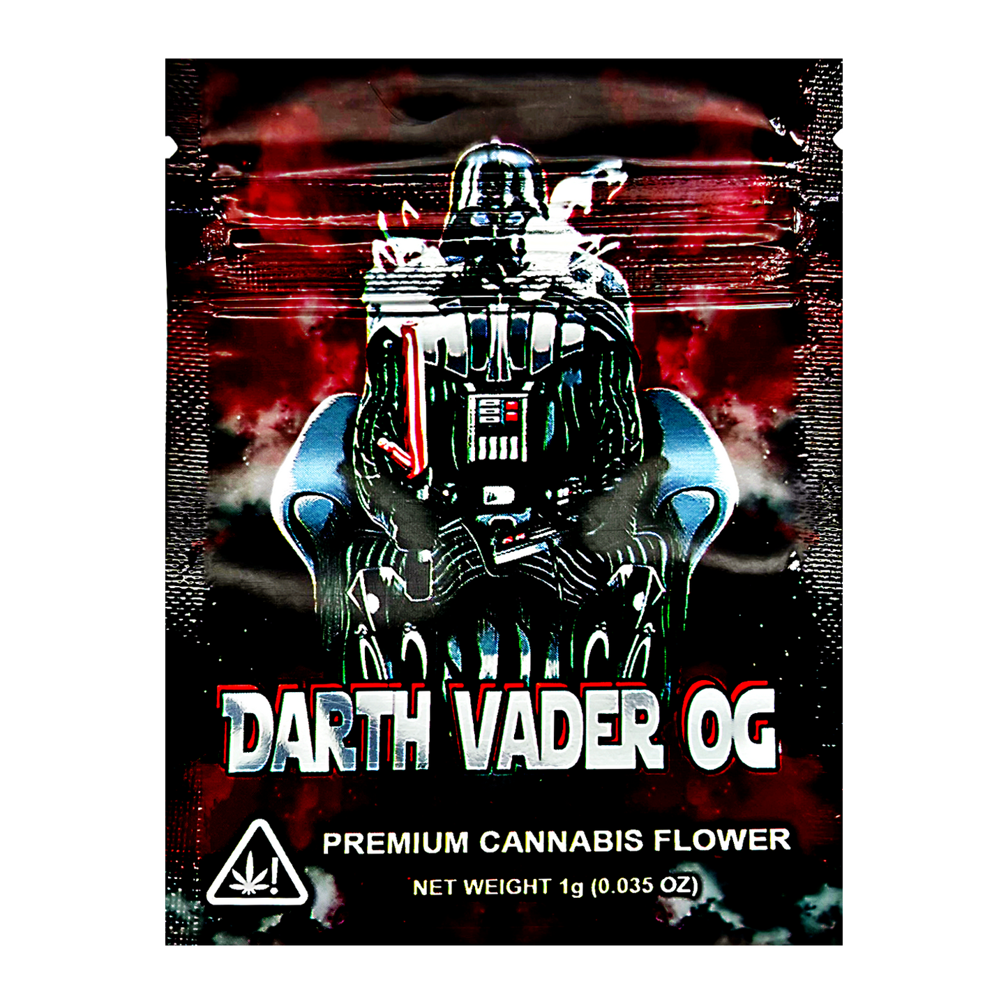 Mylar Bag Cannabis packaging with Darth Vader design and text 'Darth Vader OG' on a dark background.