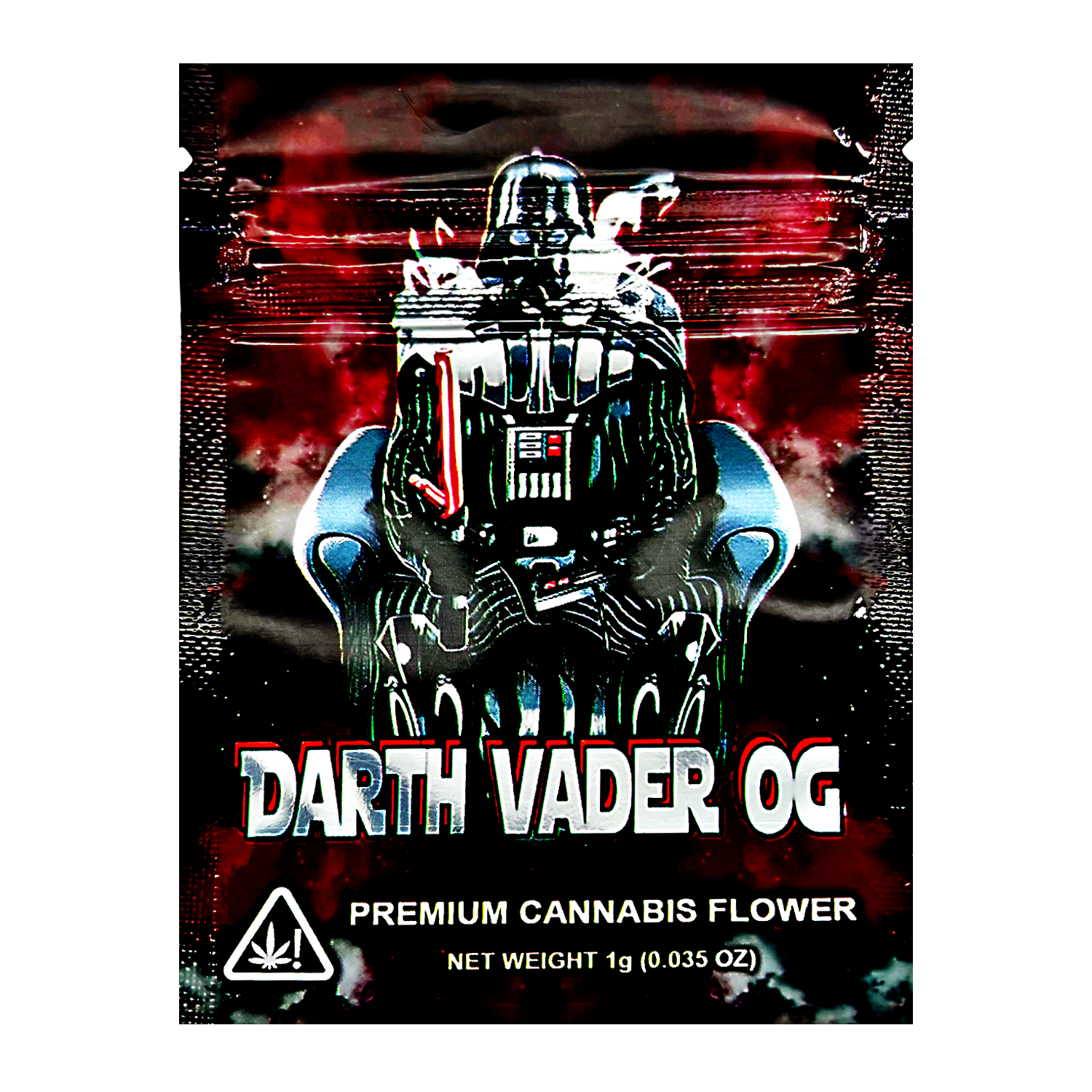 Mylar Bag Cannabis packaging with Darth Vader design and text 'Darth Vader OG' on a dark background.
