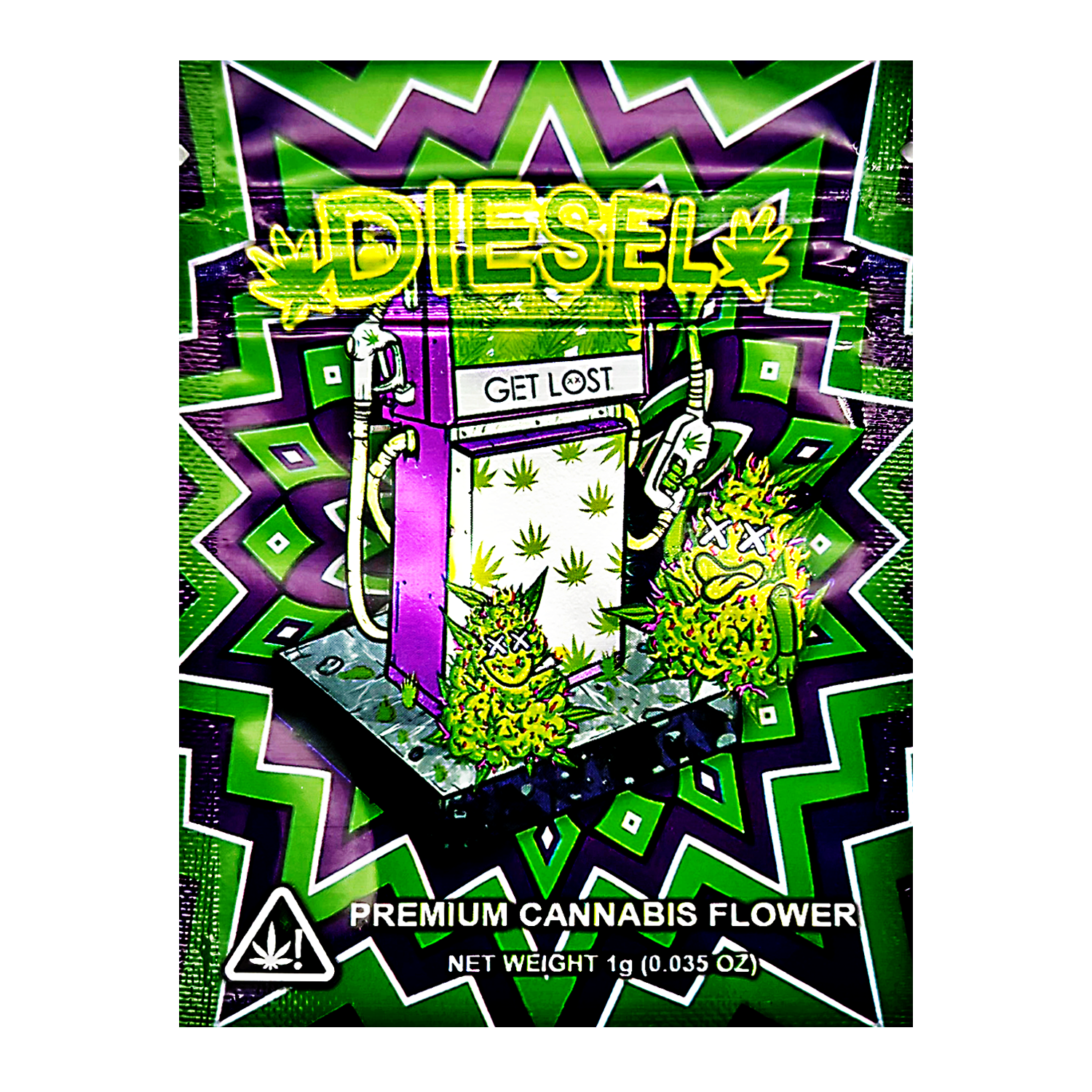 Mylar Bag Cannabis product packaging with 'DIESEL' branding and cannabis imagery on a colorful geometric background.