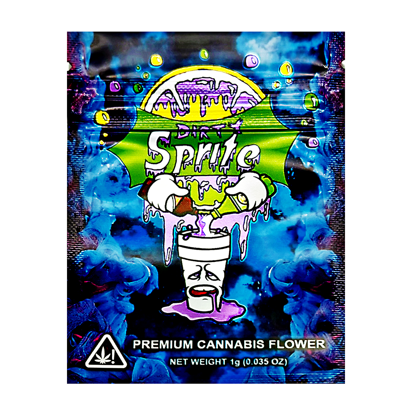 Mylar Bag Cannabis product packaging with colorful design and branding on a white background