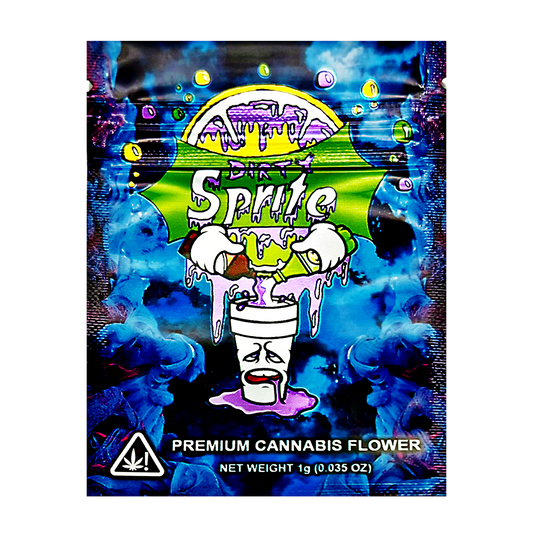 Mylar Bag Cannabis product packaging with colorful design and branding on a white background