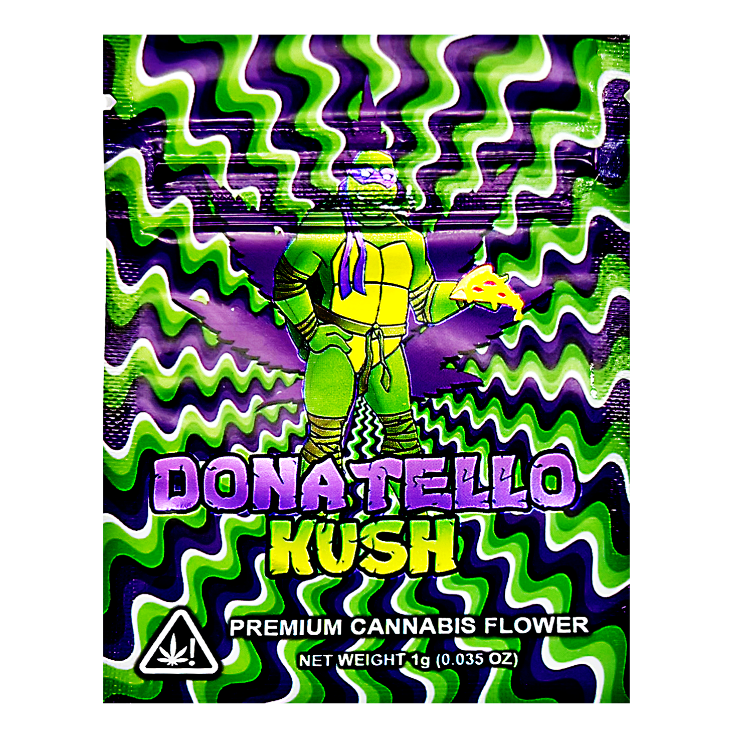 Mylar Bag Packaging for 'Donatello Kush' premium cannabis flower with colorful design and branding.