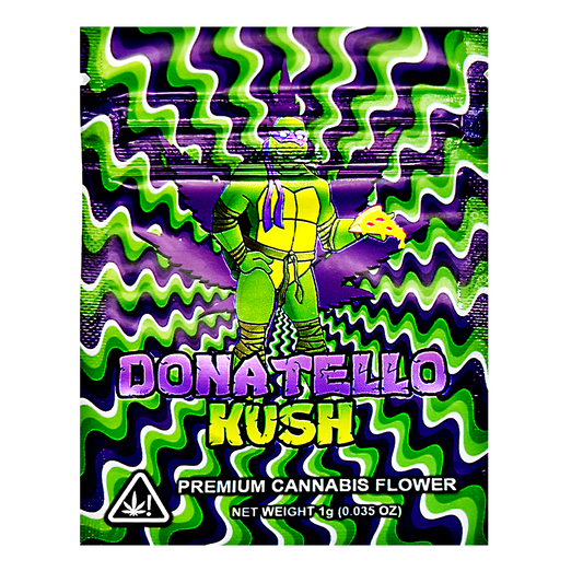 Mylar Bag Packaging for 'Donatello Kush' premium cannabis flower with colorful design and branding.