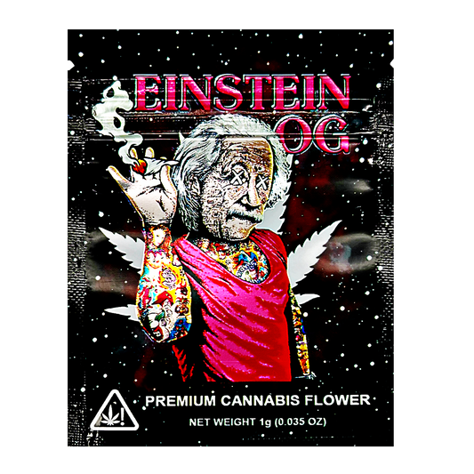Mylar Bag Cannabis packaging with a stylized depiction of a famous figure, featuring the brand 'Einstein OG'.