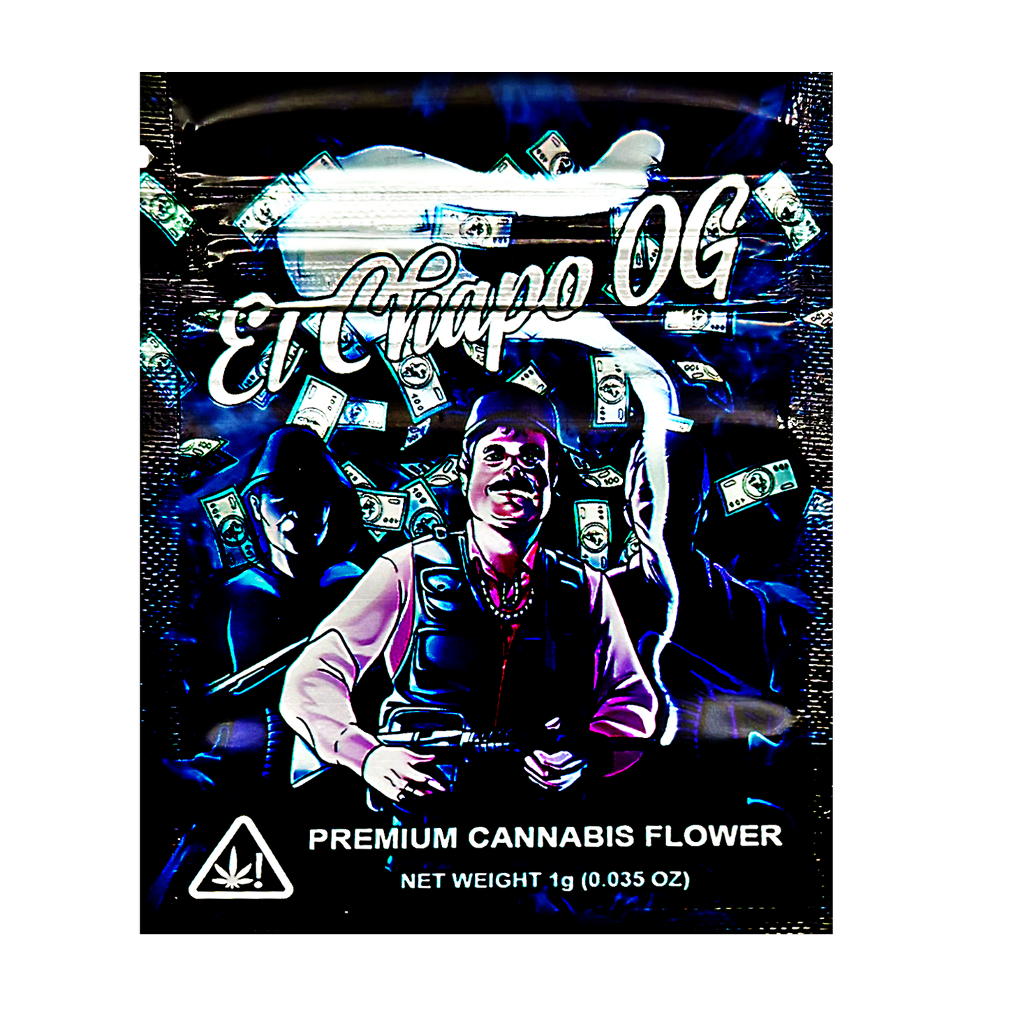 Mylar Bag Cannabis packaging with a stylized graphic of a person holding money and the text 'El Chapa OG'.