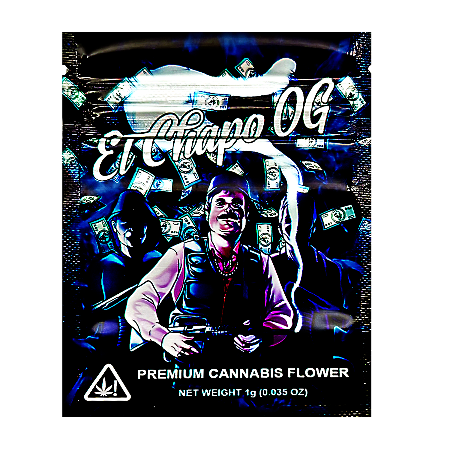 Mylar Bag Cannabis packaging with a stylized graphic of a person holding money and the text 'El Chapa OG'.
