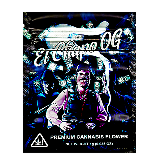 Mylar Bag Cannabis packaging with a stylized graphic of a person holding money and the text 'El Chapa OG'.