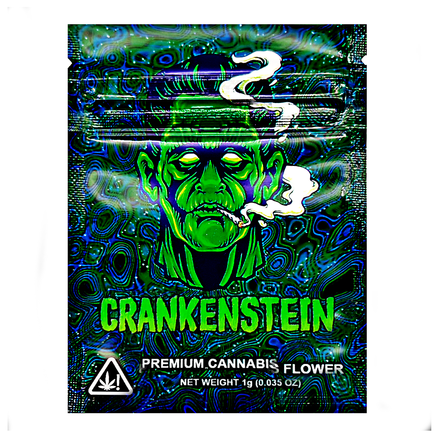 Mylar Bag Cannabis packaging with a green face design and 'Crankenstein' branding.
