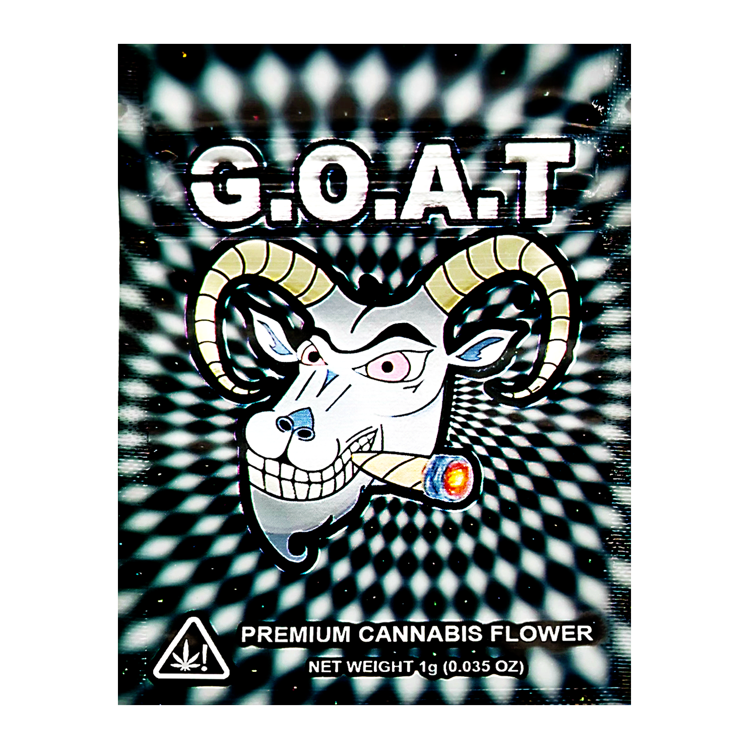Mylar Bag G.O.A.T cannabis flower packaging with a stylized ram's head design on a black and white striped background.