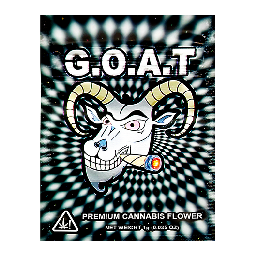Mylar Bag G.O.A.T cannabis flower packaging with a stylized ram's head design on a black and white striped background.