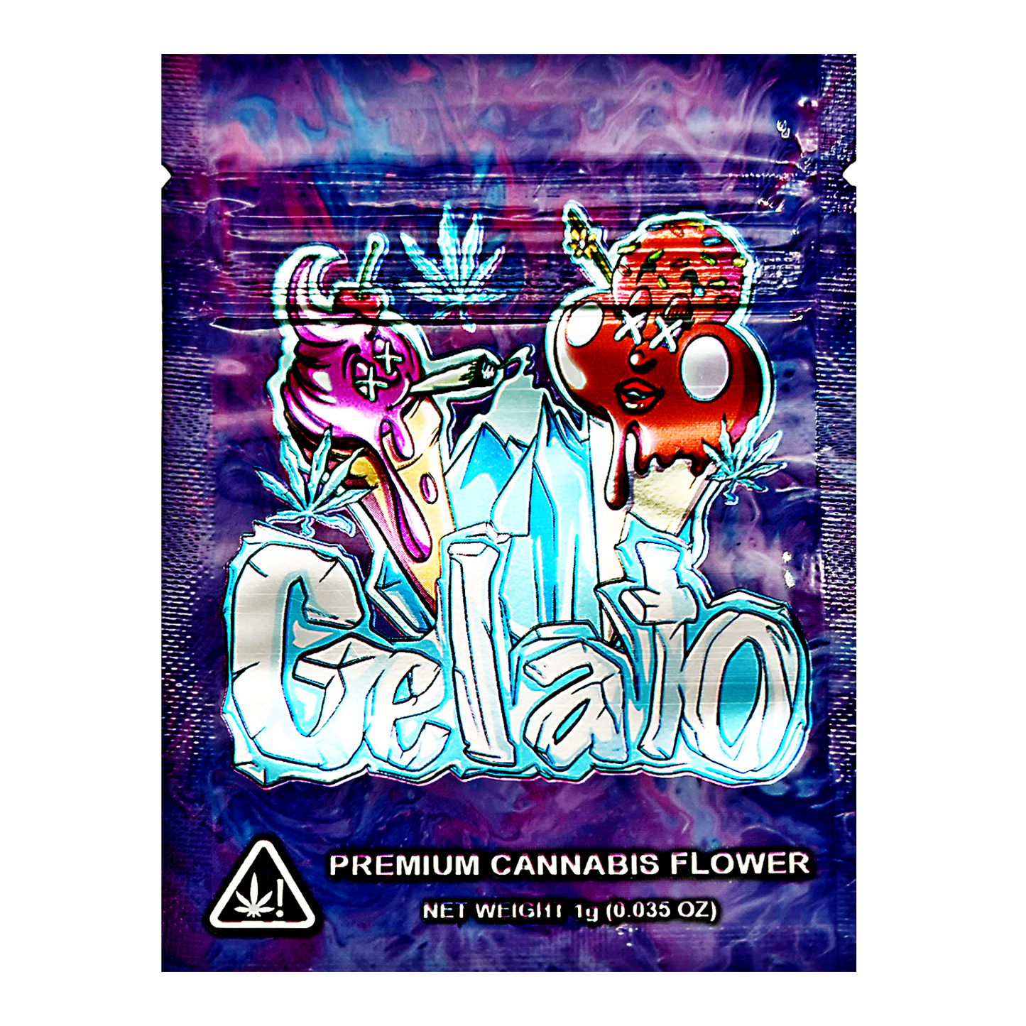 Mylar Bag Gelato premium cannabis flower packaging with colorful design and branding.