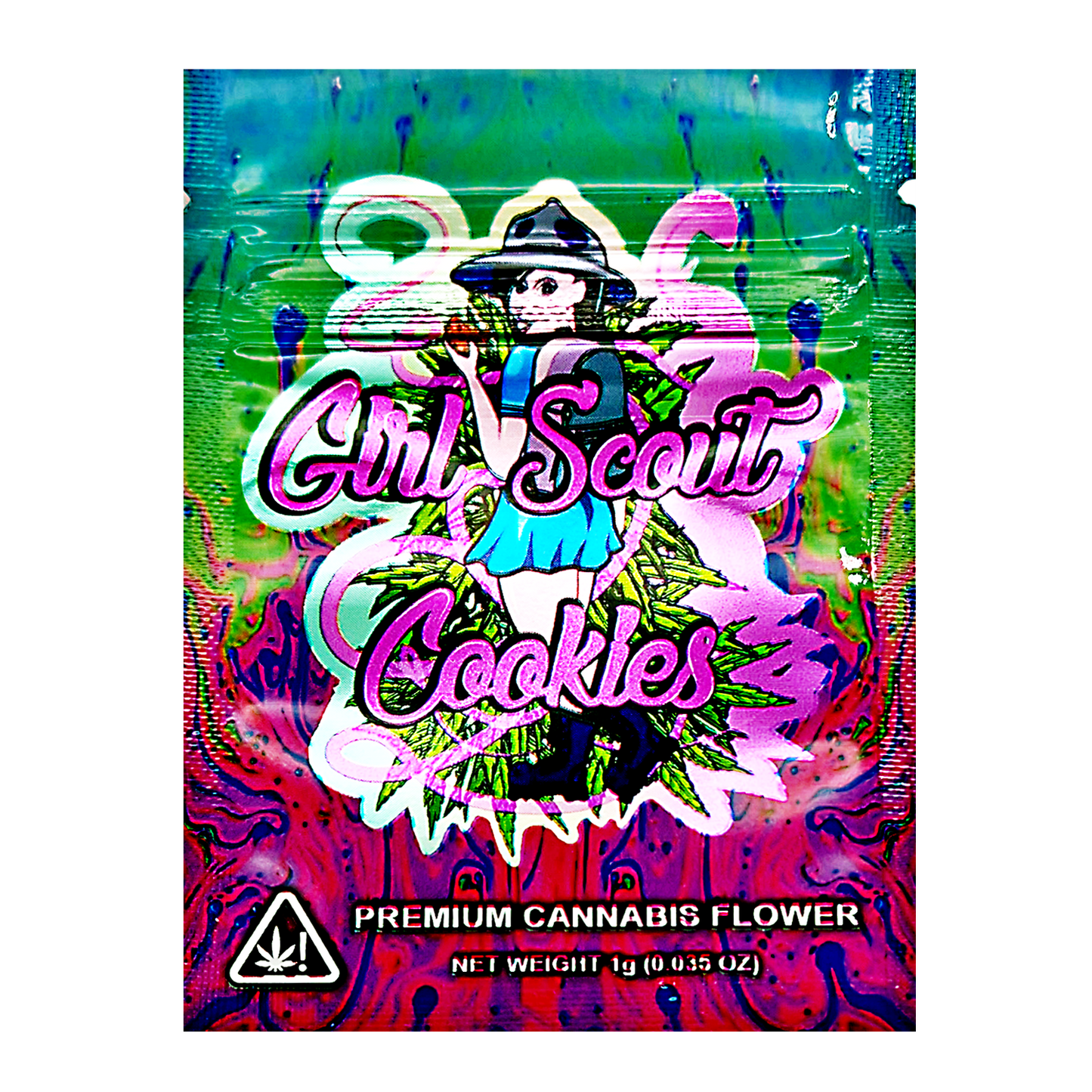 Mylar Bag Girl Scout Cookies cannabis packaging with colorful design and text.