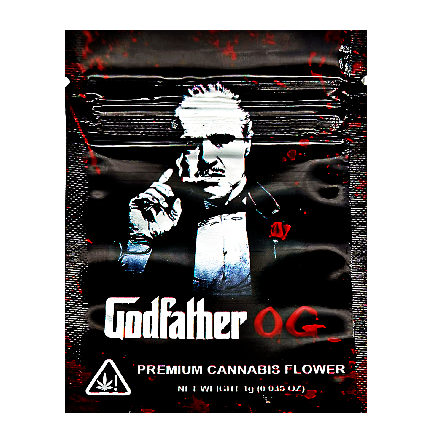 Mylar Bag Cannabis packaging with 'Godfather OG' branding on a black background