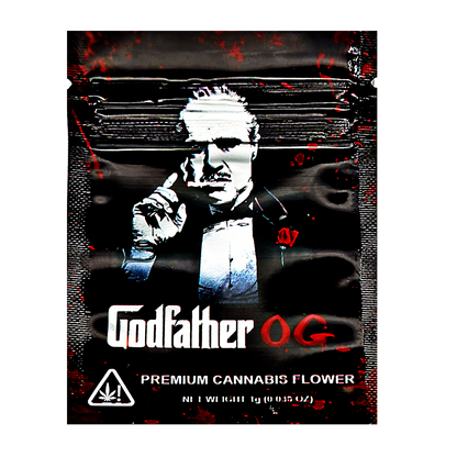 Mylar Bag Cannabis packaging with 'Godfather OG' branding on a black background