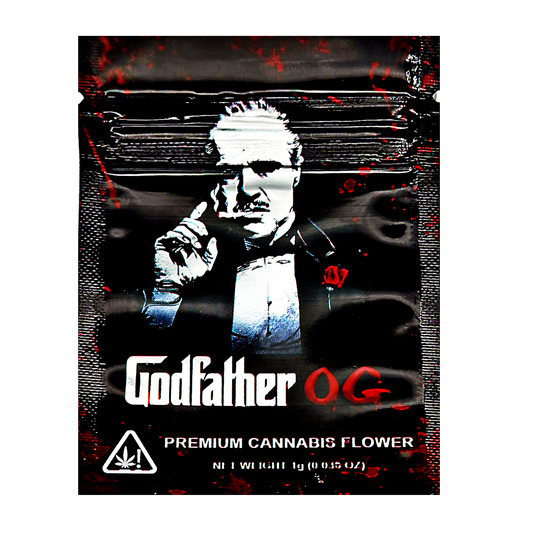 Mylar Bag Cannabis packaging with 'Godfather OG' branding on a black background