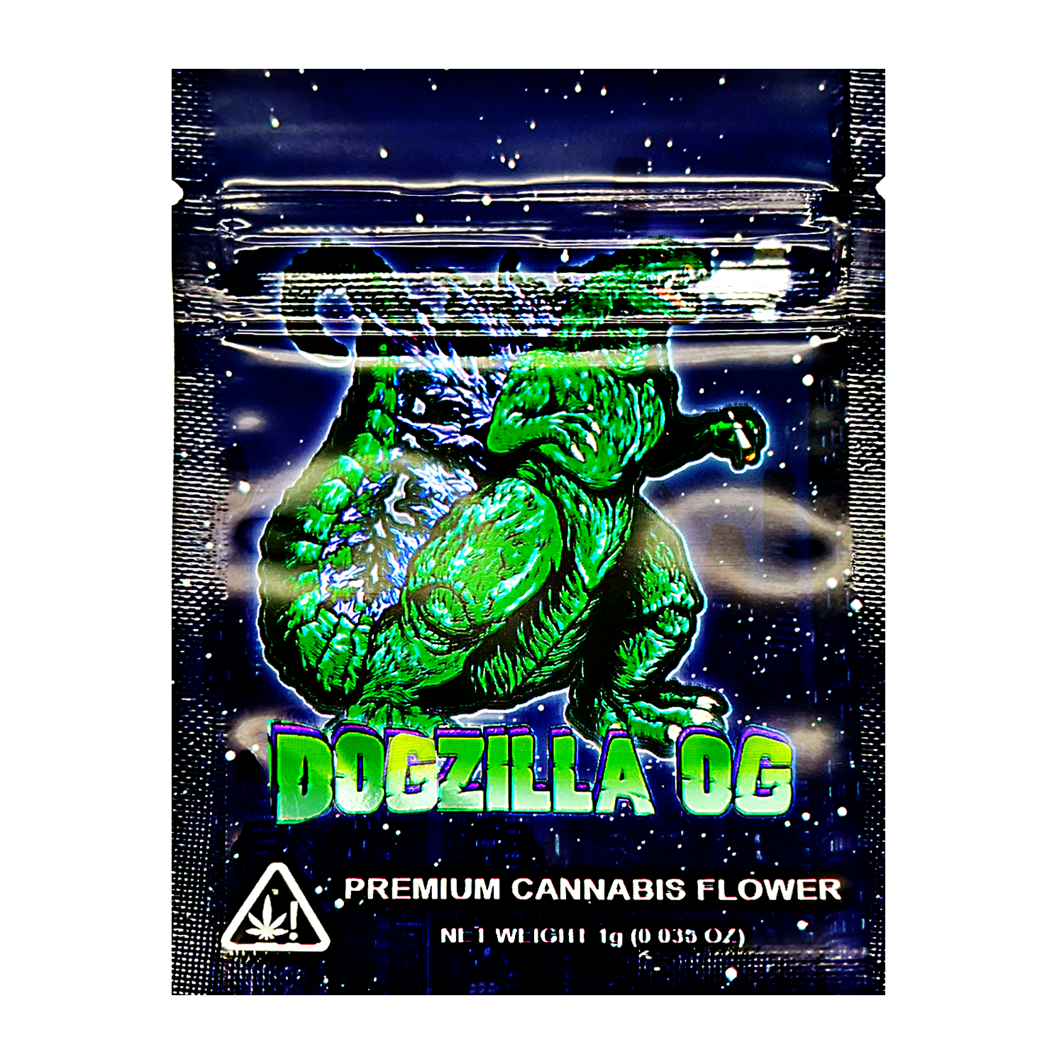 Mylar Bag  Packaging of 'Dogzilla OG' premium cannabis flower with a green dinosaur illustration on a dark background.