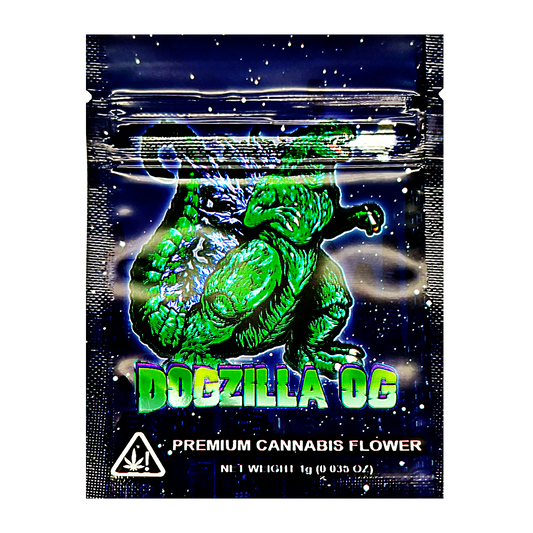 Mylar Bag  Packaging of 'Dogzilla OG' premium cannabis flower with a green dinosaur illustration on a dark background.