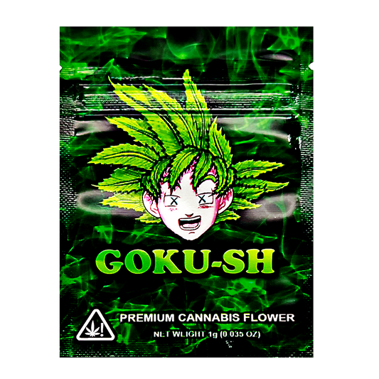 Mylar Bag Packaging of Goku-Sh premium cannabis flower with a character design on a green background