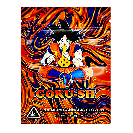 Mylar Bag Cannabis packaging with a character holding a smoking device, labeled 'GOKU-SH'.