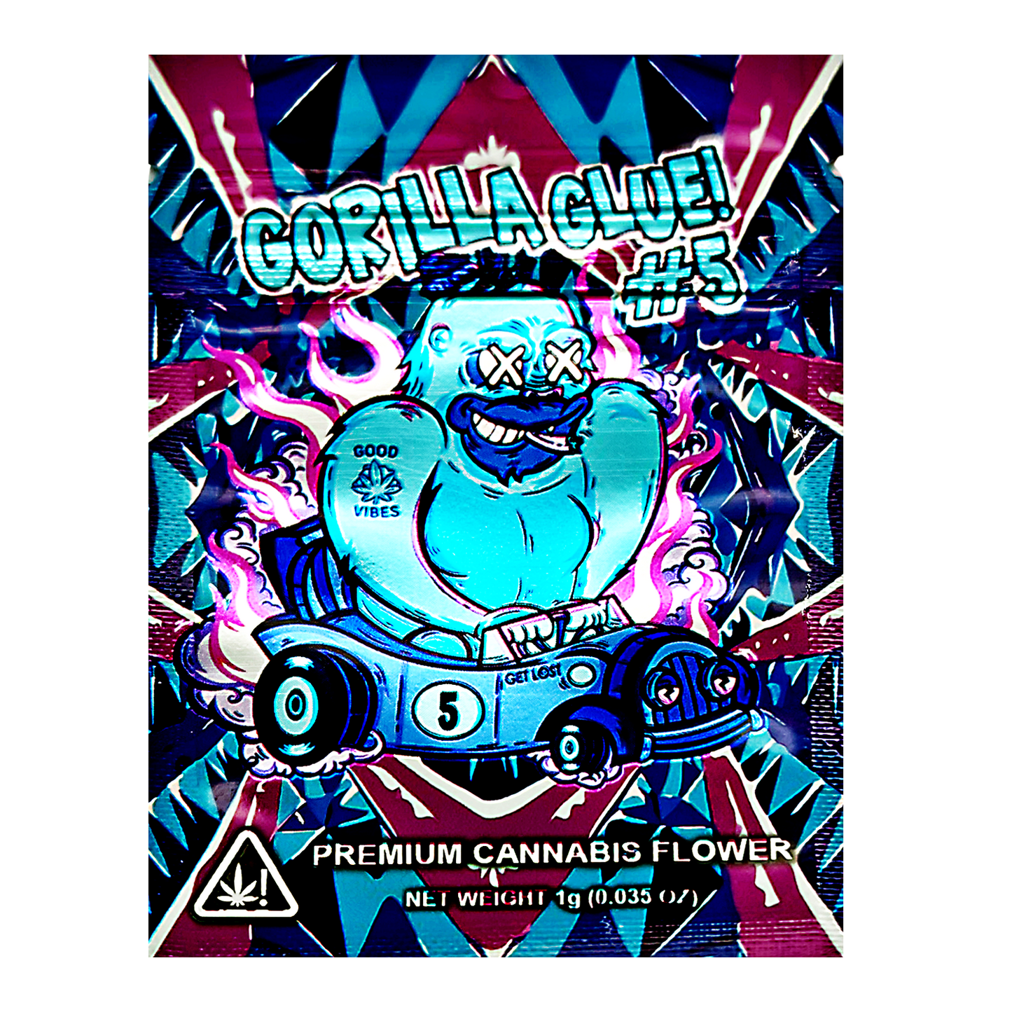 Mylar Bag Gorilla Glue #5 cannabis flower packaging with colorful design and cartoon character.