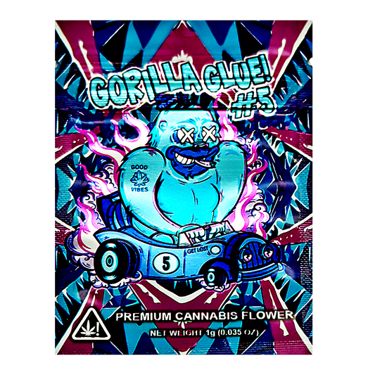 Mylar Bag Gorilla Glue #5 cannabis flower packaging with colorful design and cartoon character.