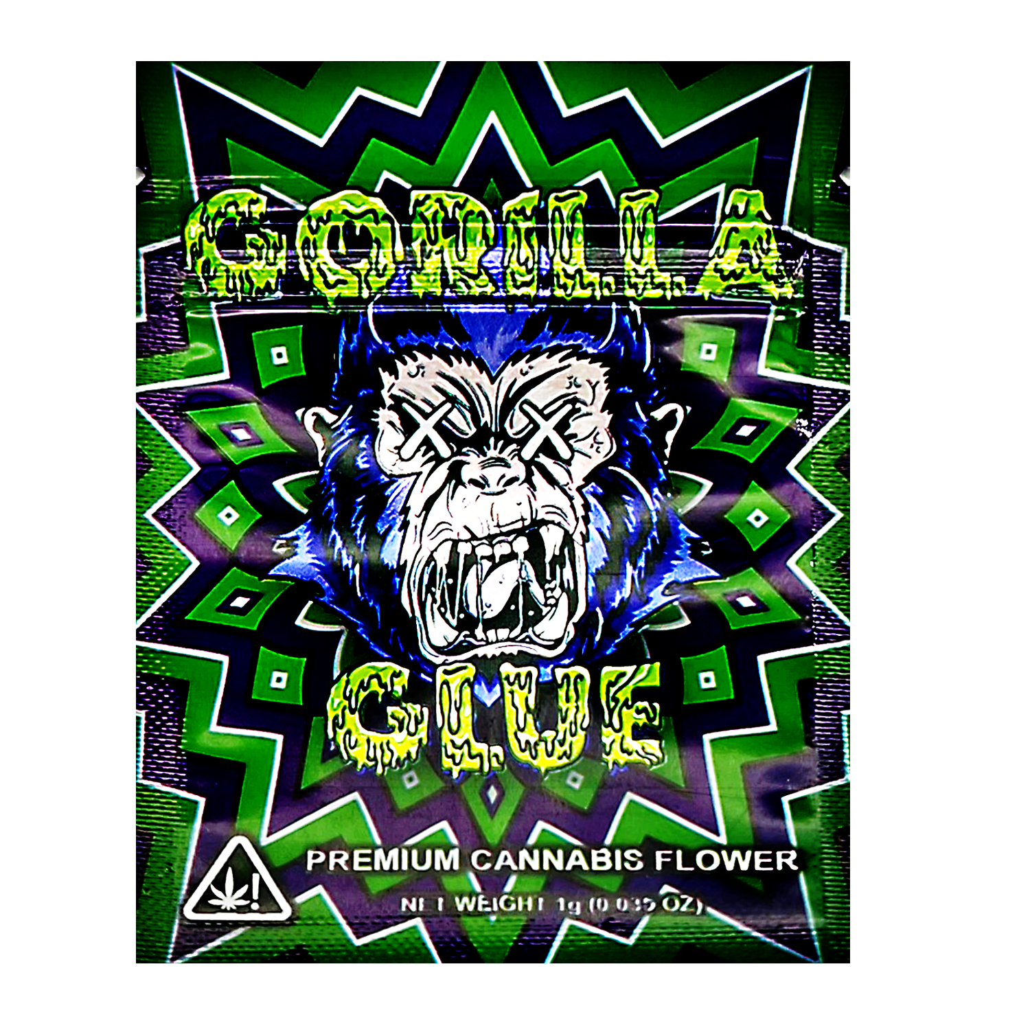 Mylar Bag  Cannabis product packaging with a graphic design of a roaring bear and text on a green and purple zigzag pattern.
