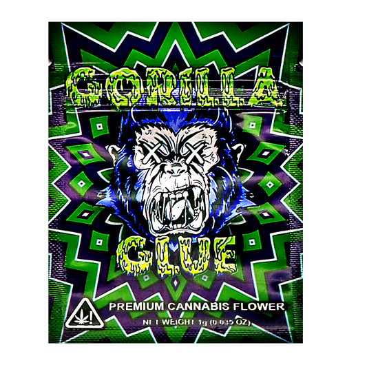 Mylar Bag  Cannabis product packaging with a graphic design of a roaring bear and text on a green and purple zigzag pattern.