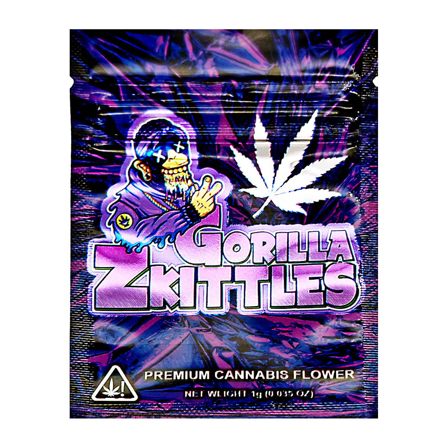 Mylar Bag Gorilla Z Kittles cannabis packaging with a colorful design and brand logo.