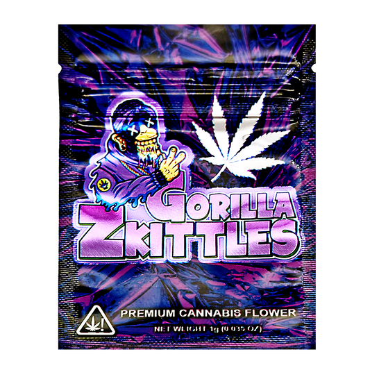 Mylar Bag Gorilla Z Kittles cannabis packaging with a colorful design and brand logo.