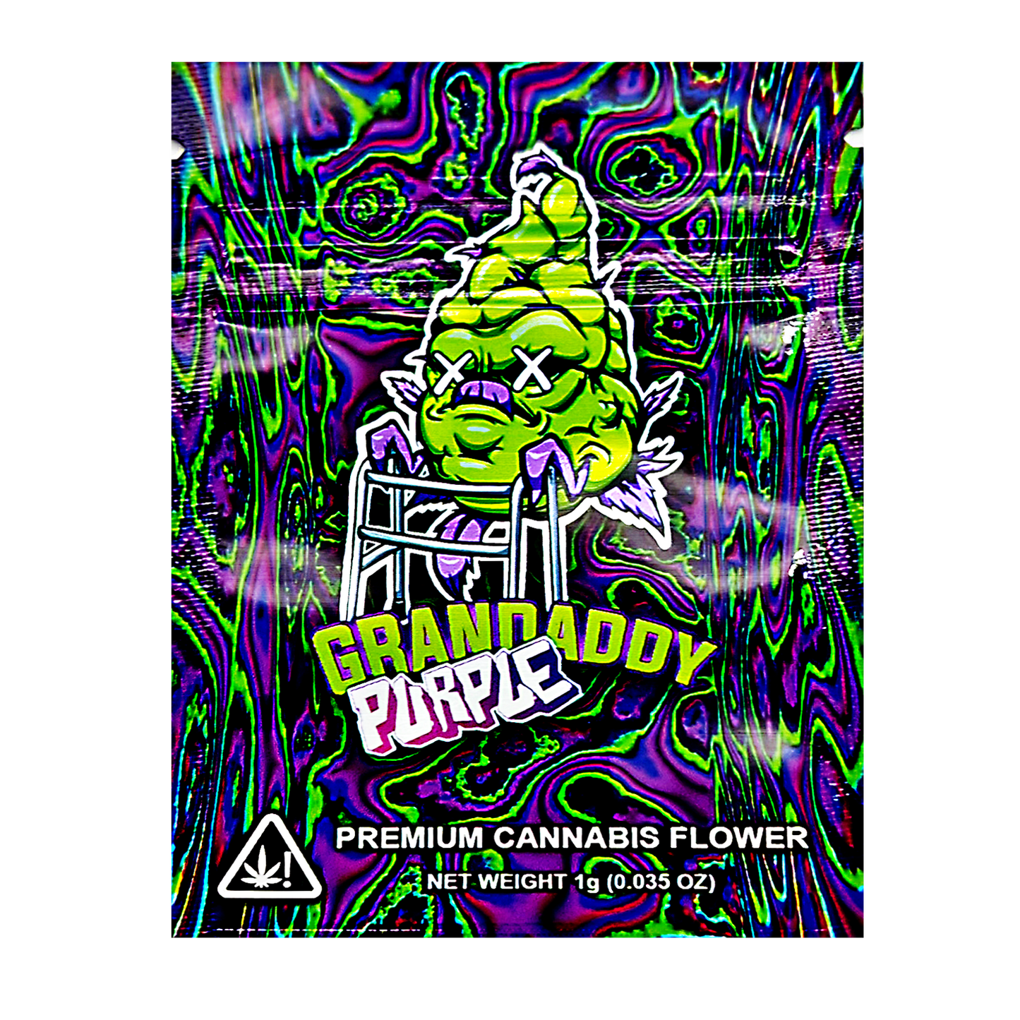 Mylar Bag Colorful packaging of Grandaddy Purple premium cannabis flower with a stylized face design.