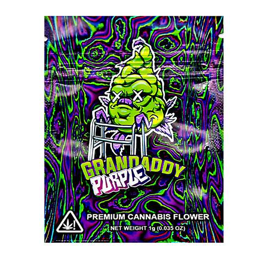 Mylar Bag Colorful packaging of Grandaddy Purple premium cannabis flower with a stylized face design.