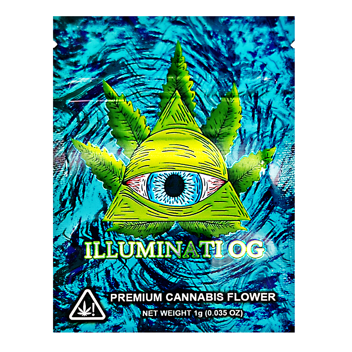 Mylar Bag Packaging of Illuminati OG premium cannabis flower with abstract blue design