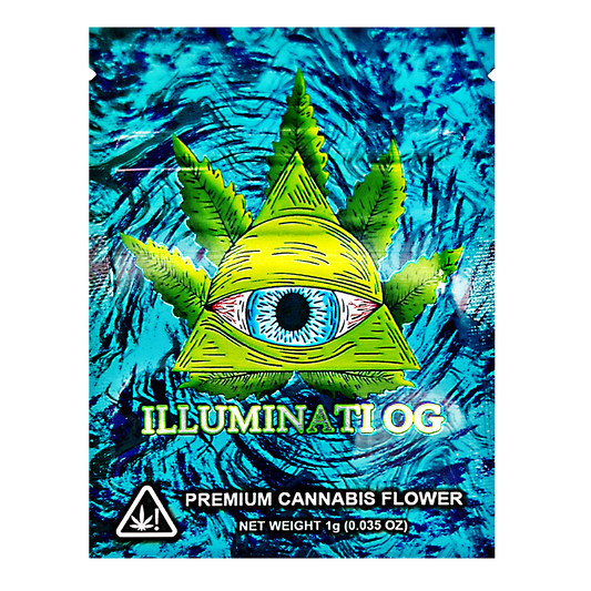 Mylar Bag Packaging of Illuminati OG premium cannabis flower with abstract blue design