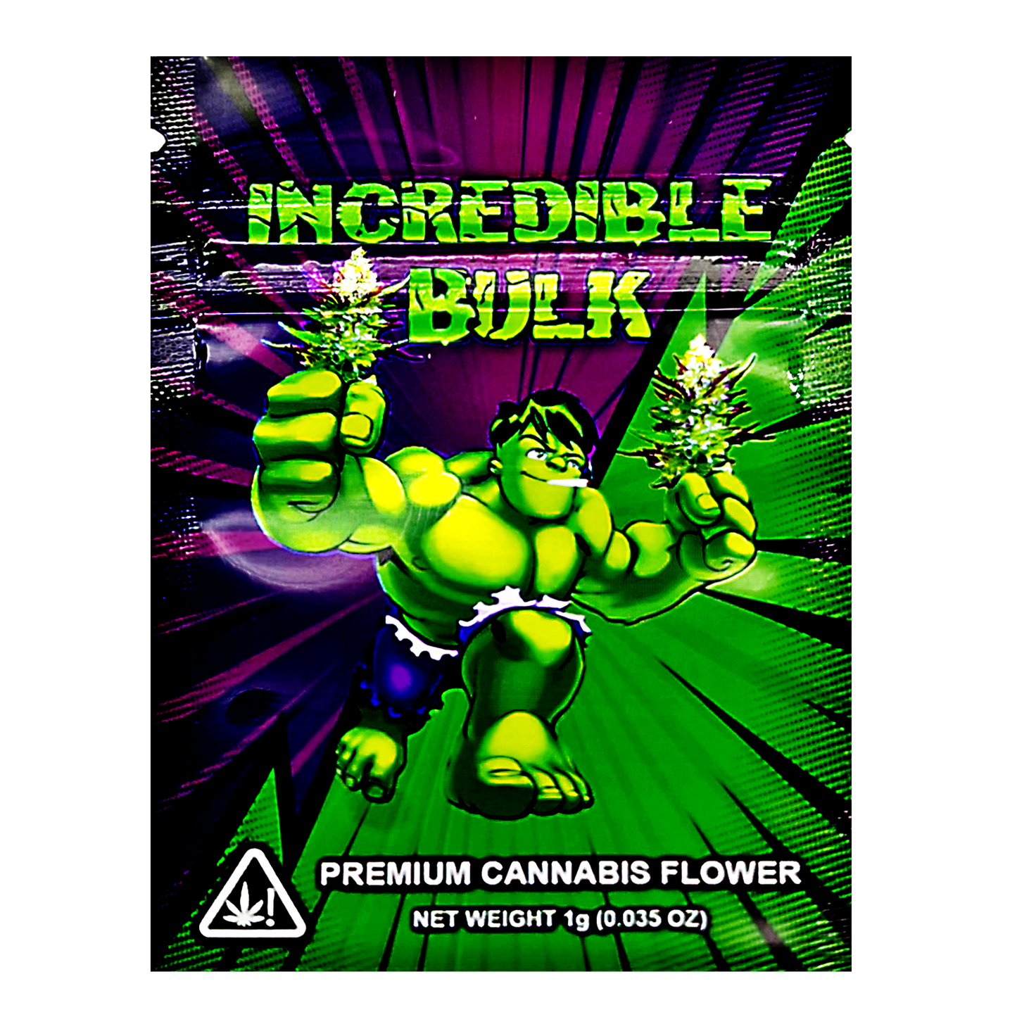 Mylar Bag Cannabis product packaging featuring a character holding cannabis buds with 'Incredible Bulk' text.