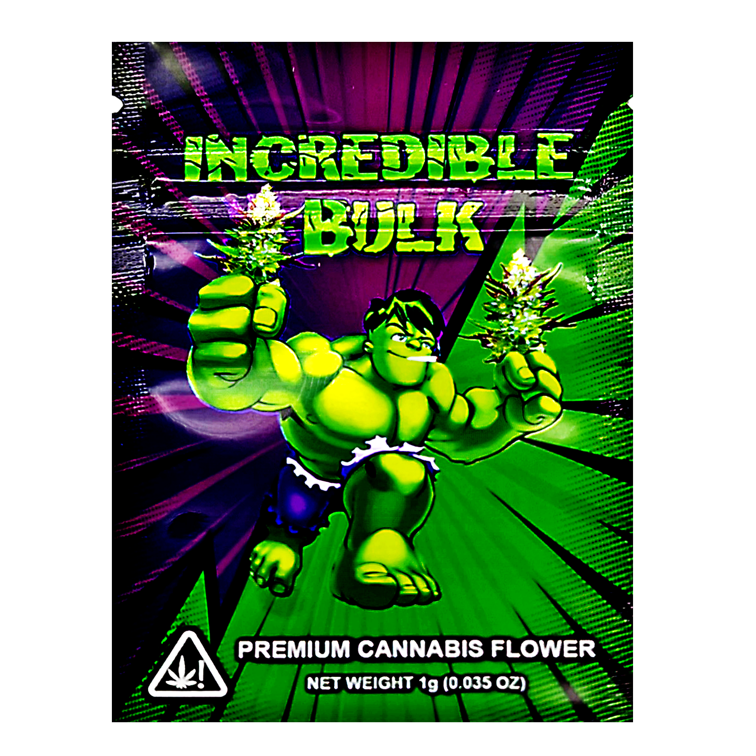 Mylar Bag Cannabis product packaging featuring a character holding cannabis buds with 'Incredible Bulk' text.
