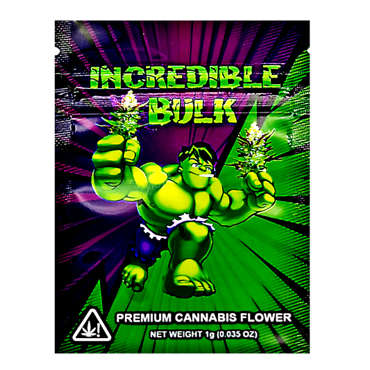 Mylar Bag Cannabis product packaging featuring a character holding cannabis buds with 'Incredible Bulk' text.