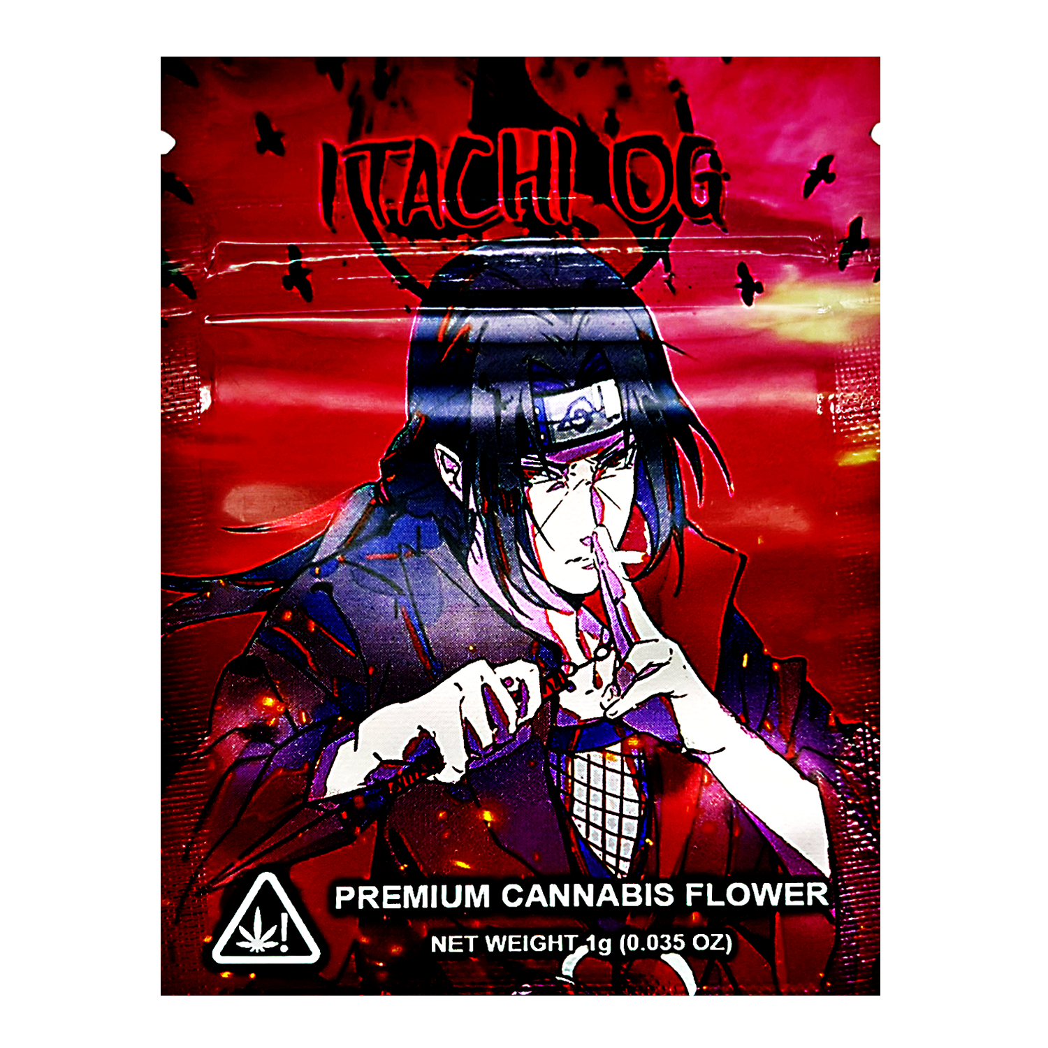 Mylar Bag Cannabis flower packaging with anime-style character on a red background