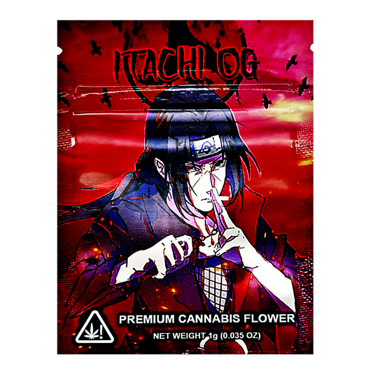 Mylar Bag Cannabis flower packaging with anime-style character on a red background