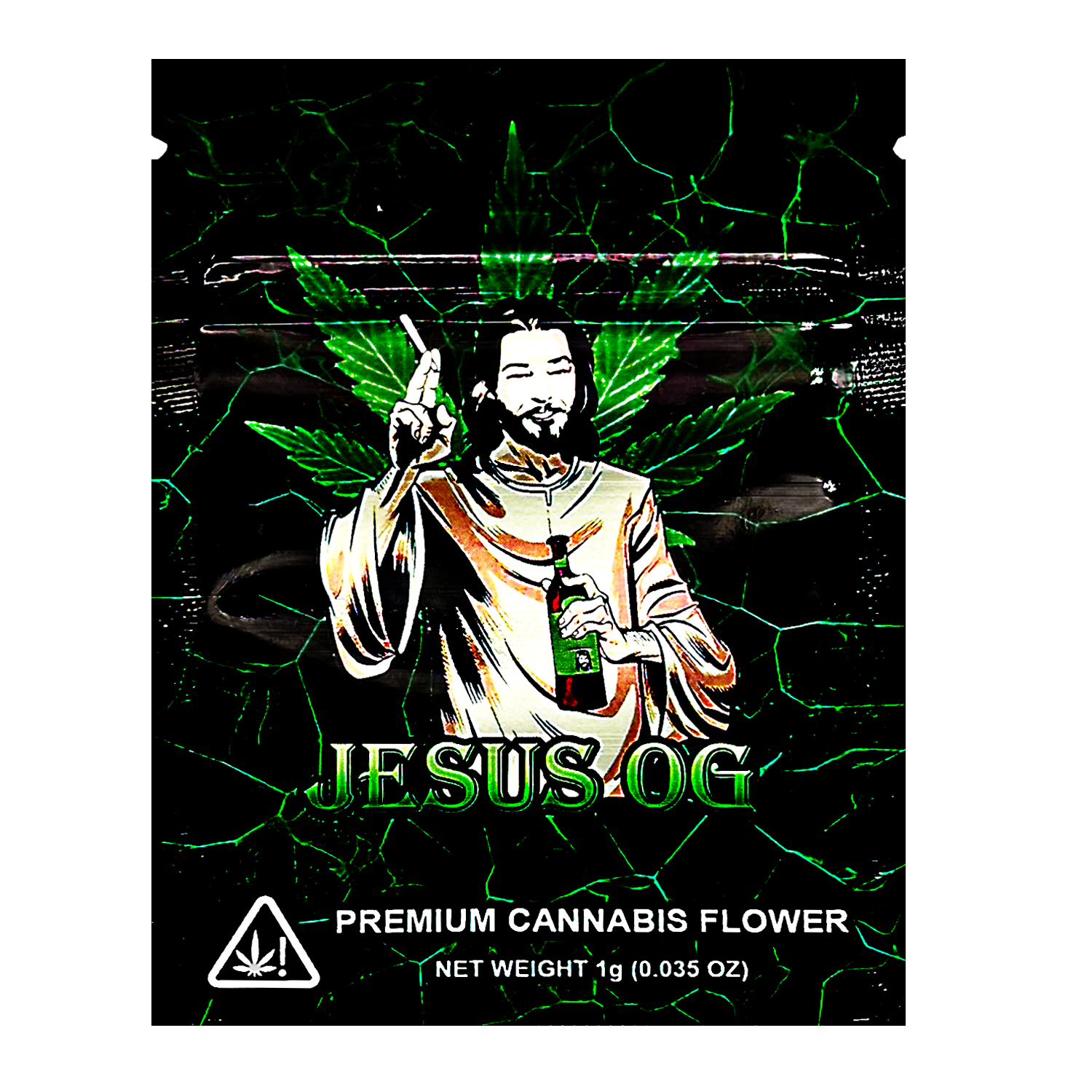Mylar Bag Packaging for 'Jesus OG' premium cannabis flower with a stylized depiction of a religious figure holding a cannabis leaf.