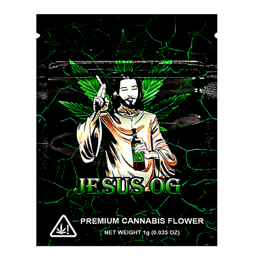 Mylar Bag Packaging for 'Jesus OG' premium cannabis flower with a stylized depiction of a religious figure holding a cannabis leaf.